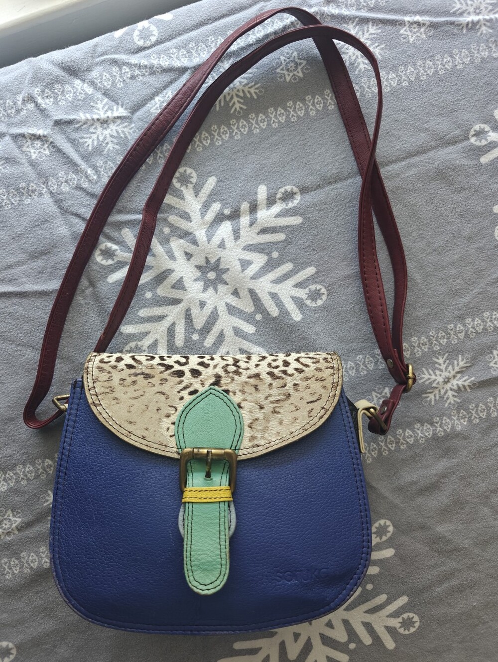 Soruka Recycled Leather Women Small Crossbody Bag Blue Animal Print Flap Buckle